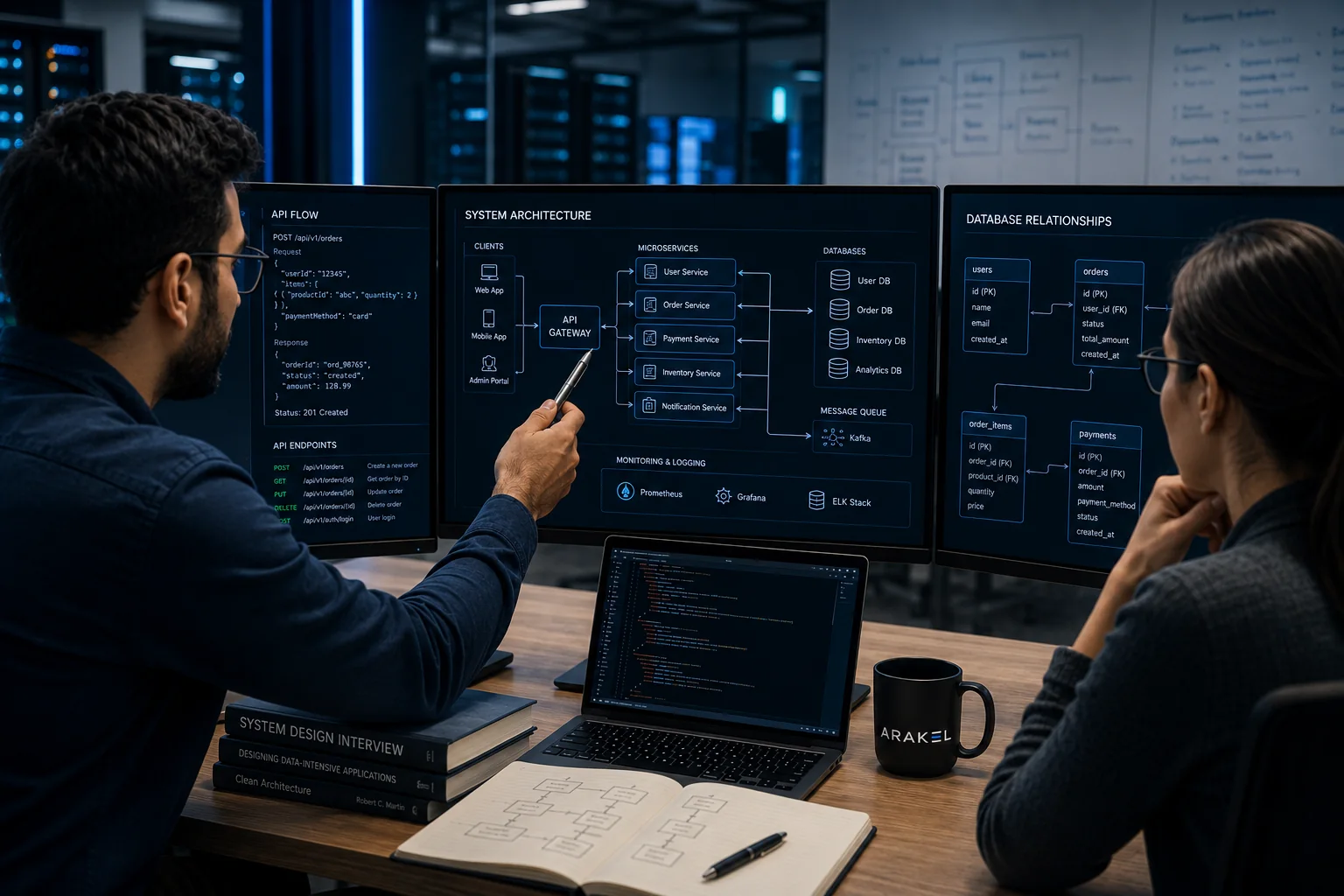 Engineers analyzing API flows, databases and system architecture